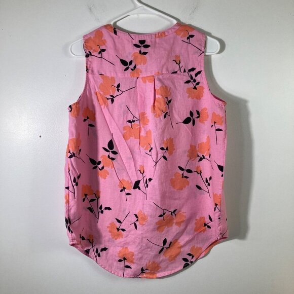Womens Cynthia Rowley Sleeveless Floral Linen Button Shirt Pink Orange Black M - Picture 2 of 5